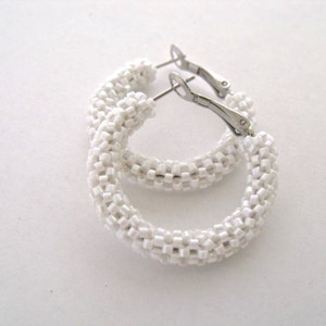 Pearly white hoop earrings seed bead woven glass tarnish resistant earrings 1.25&quot; wide