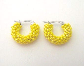 Bright yellow hoop earrings, small beaded glass woven earrings .75" inch