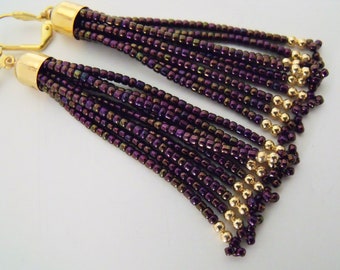 Eggplant purple tassel earrings beaded woven dangle seed bead earrings