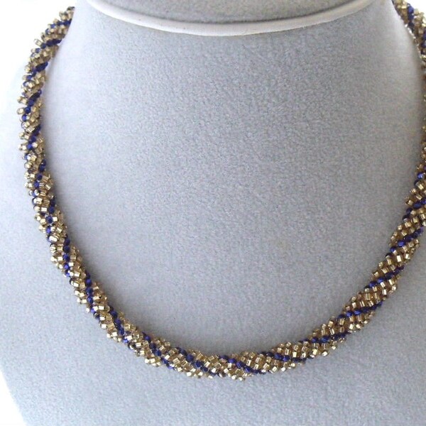 Spiral blue, gold necklace, bead woven seed beadwork jewelry