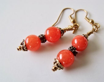 Orange beaded quartz duel drop earring dangles