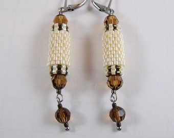 Beige beaded tube earrings, glass woven dangle beadwork