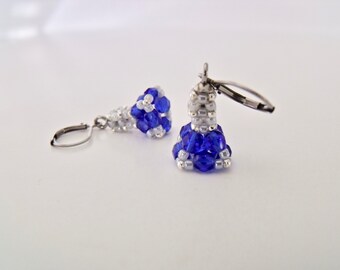 Cobalt blue grey beaded dangle earrings dainty woven glass earrings