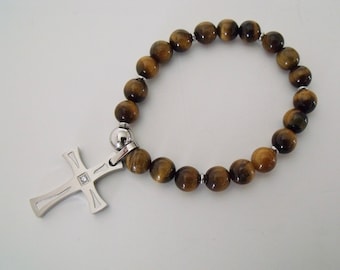 Tiger eye stretch bracelet with stainless steel cross and cubic zirconia, beaded golden brown