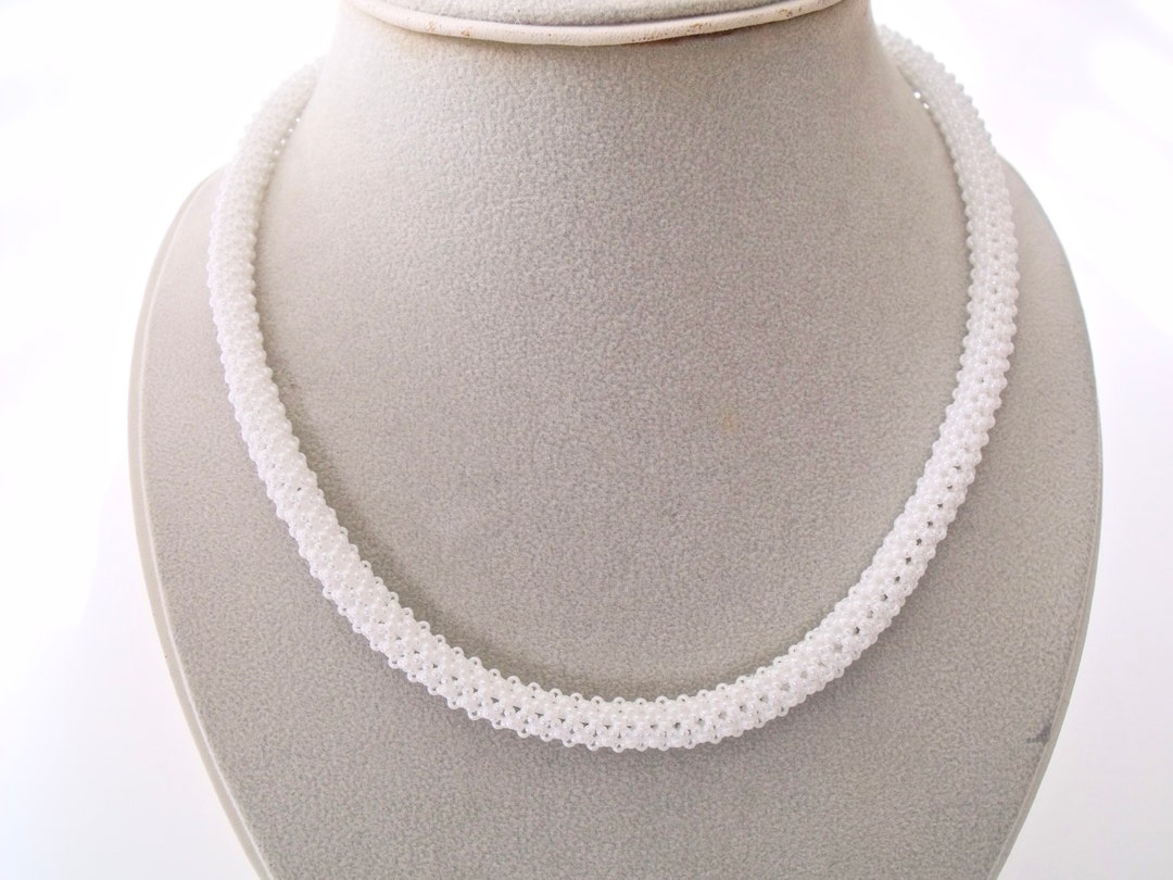 White Glass Bead Woven Necklace - Pearly Stretch Rope - Etsy