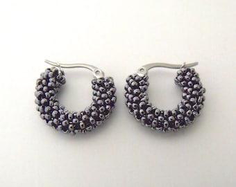 Small Dark grey hoop earrings bead woven glass jewelry