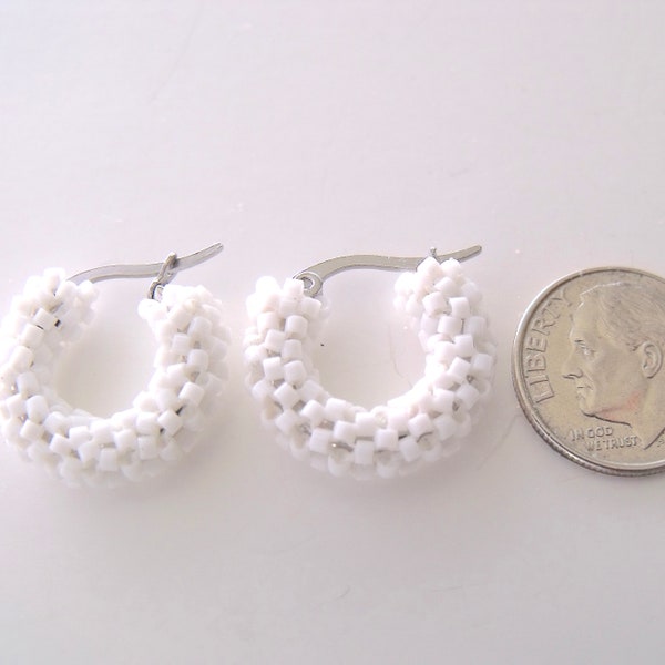 Crisp white hoop earrings beaded small white earrings glass woven jewelry