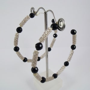 Black onyx and grey hoop earrings large woven grey glass beaded earrings image 7