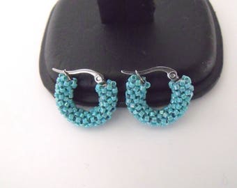 Turquoise green hoop earrings small woven glass beaded earrings