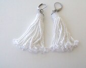 White tassel earrings, beaded dangles, glass beaded white earrings