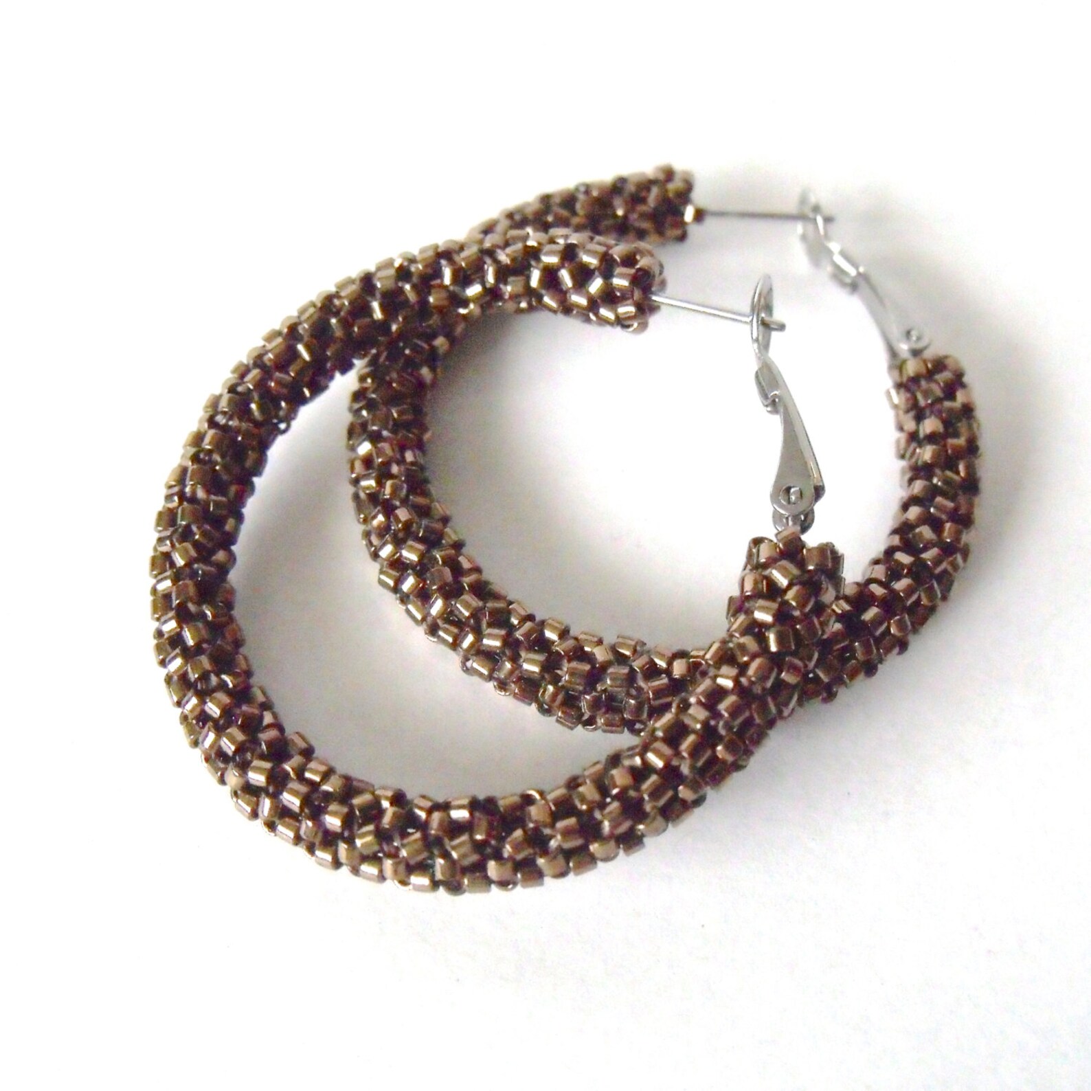 Chocolate Brown Hoop Earrings Brown Bead Woven Earrings Etsy