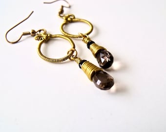 Smoky quartz dangle hoop earrings: Wire wrapped Jewelry