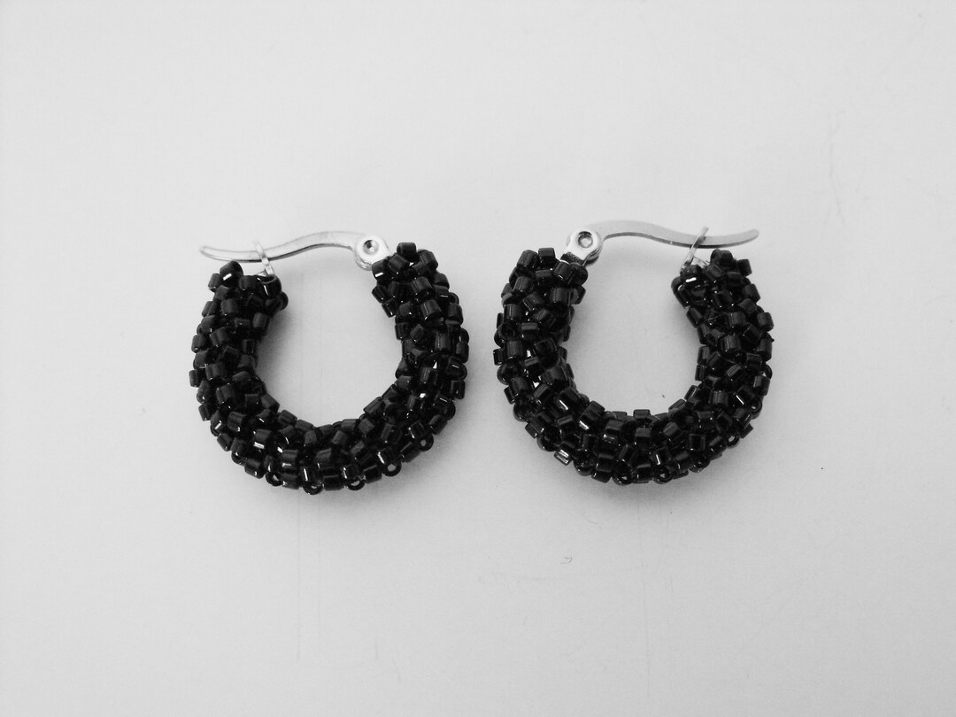 Small Hoop Earrings Black Bead Woven Glass Hoops Seed Bead Earrings Etsy