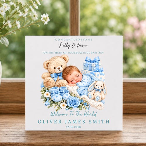 Personalised New Baby Birth Greetings Card Baby Boy.