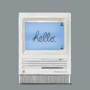 Design Icon Poster – Vintage Macintosh „hello“ – Handgezeichneter Retro Computer, Print A4 (21×29,7cm), A3 (29,7×42cm), A2 (42×59,4cm)