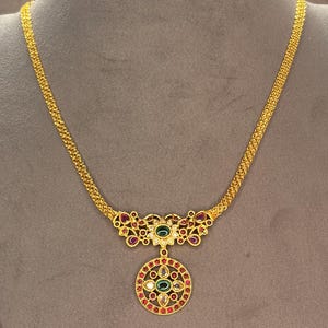 Matt Gold Pendant Minimal Necklace Set with Green & Ruby Kemp Stones, Indian Onam Necklace