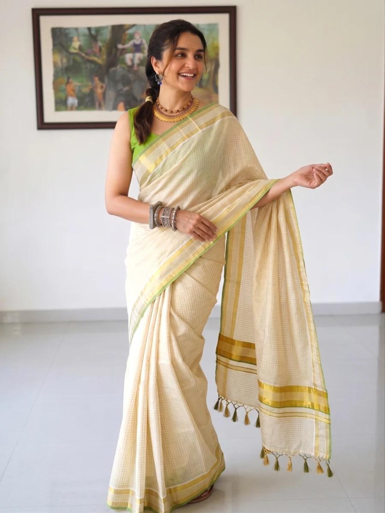 Traditional Pea Green Tiny Checks Balaramapuram Kasavu Saree | Kerala Cotton Onam Saree with Tassels
