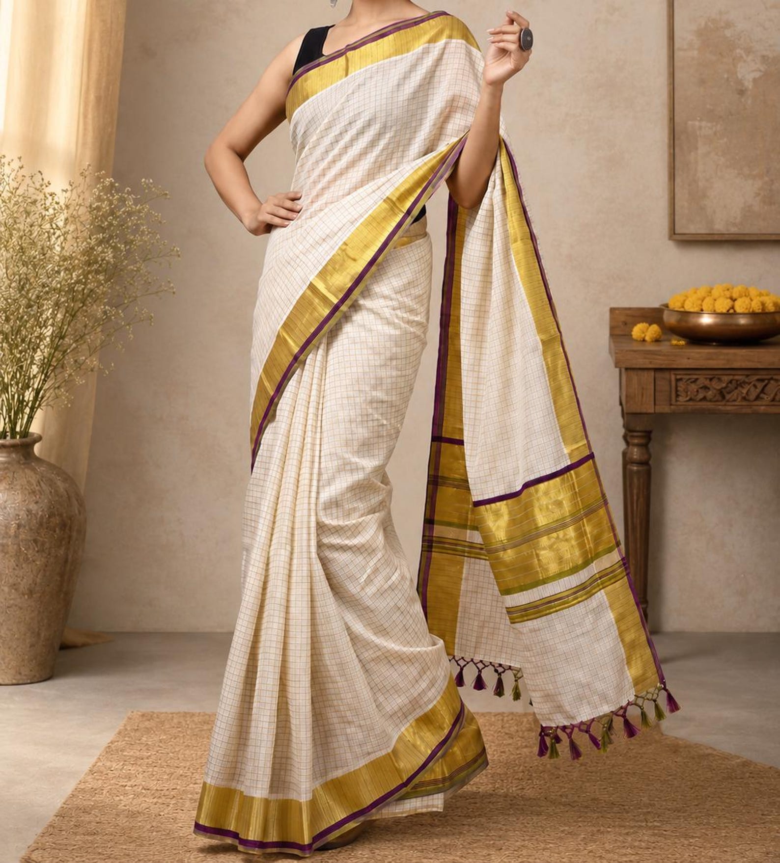 Micro Checks Pea Green & Purple Kerala Kasavu Saree for Onam Vishu
