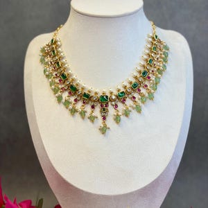 Antique Emerald Indian Necklace Set with Ruby Accents, Pearl Detailing, Matching Earrings