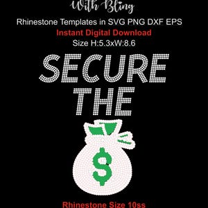Modelo de strass para bolsa Secure The Bag - Design de camisa brilhante - SVG + PDF para impressão - Silhouette/Cricut Eps Dxf Png para download, arquivo digital recortado 10SS