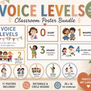 Puede incluir: Un conjunto de pósteres para el aula titulado VOICE LEVELS con diseños rectangulares y circulares. El set incluye ilustraciones de niños demostrando los niveles del 0 al 4, con etiquetas de texto para silent, whisper, table talk, speaker y outside voice.