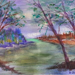 Dark Lake Watercolor Landscape with Trees