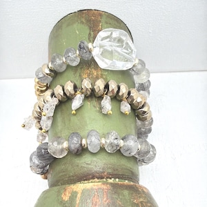 2 in 1 Wrap Bracelet & Necklace - Rutile Quartz, Faceted Hematite and Quartz, Crystal
