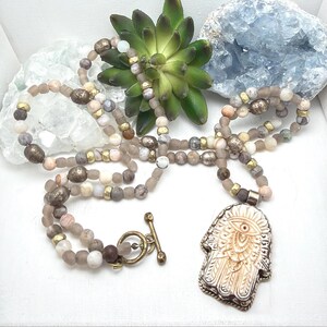 Long Agate Gemstone Necklace with Tibetan Carved Bone Hamsa Pendant