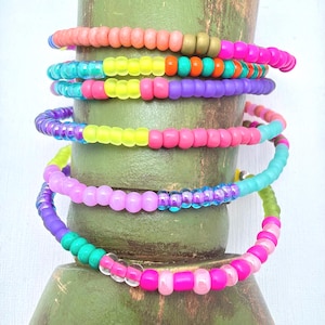 Set of 3 Neon Brights Color-Coordinated Glass Seed Bead Bracelets – Dainty Boho Bracelet Stack – Handmade Czech Glass Jewelry
