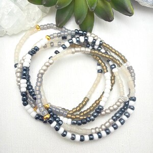 Set of 3 Black & White Color-Coordinated Glass Seed Bead Bracelets – Dainty Boho Bracelet Stack – Handmade Czech Glass Jewelry