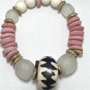 Global Soul African Ashanti and Batik Bone Beaded Bracelet, Chunky African Statement Bracelet, Boho Stretch Bracelet, Modern Tribal, Unisex