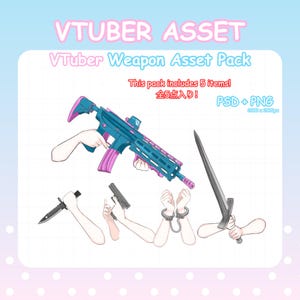 Könnte beinhalten: Digitale Illustration eines VTuber Weapon Asset Packs. Das Paket enthält ein blaues und rosa Gewehr, ein Messer, eine Handfeuerwaffe, Handschellen und ein Schwert. Der Text auf dem Bild lautet "VTUBER ASSET", "VTuber Weapon Asset Pack", "This pack includes 5 items!" und "PSD + PNG".