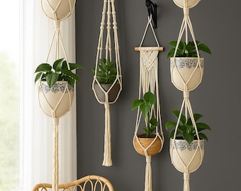 Boho Macrame Plant Hanger – Indoor Hanging Planter – Handmade Cotton Rope with Beads