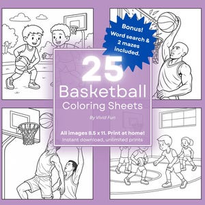 Basketball Coloring Pages Instant Printable, Fun & Easy Kids Activity Book, Cute Boys Sports Theme, 8.5 x 11 PDF Download. Bonus items, too!
