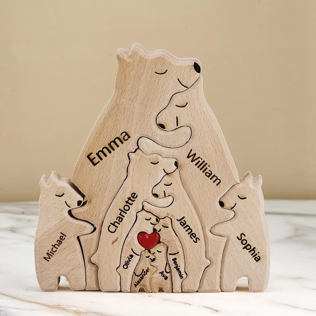 Customized Wooden Bear Family Puzzle, Personalized Wooden Animal Puzzle, Family Keepsake Gift, Up To 10 Person Figurines, Christmas Gifts
