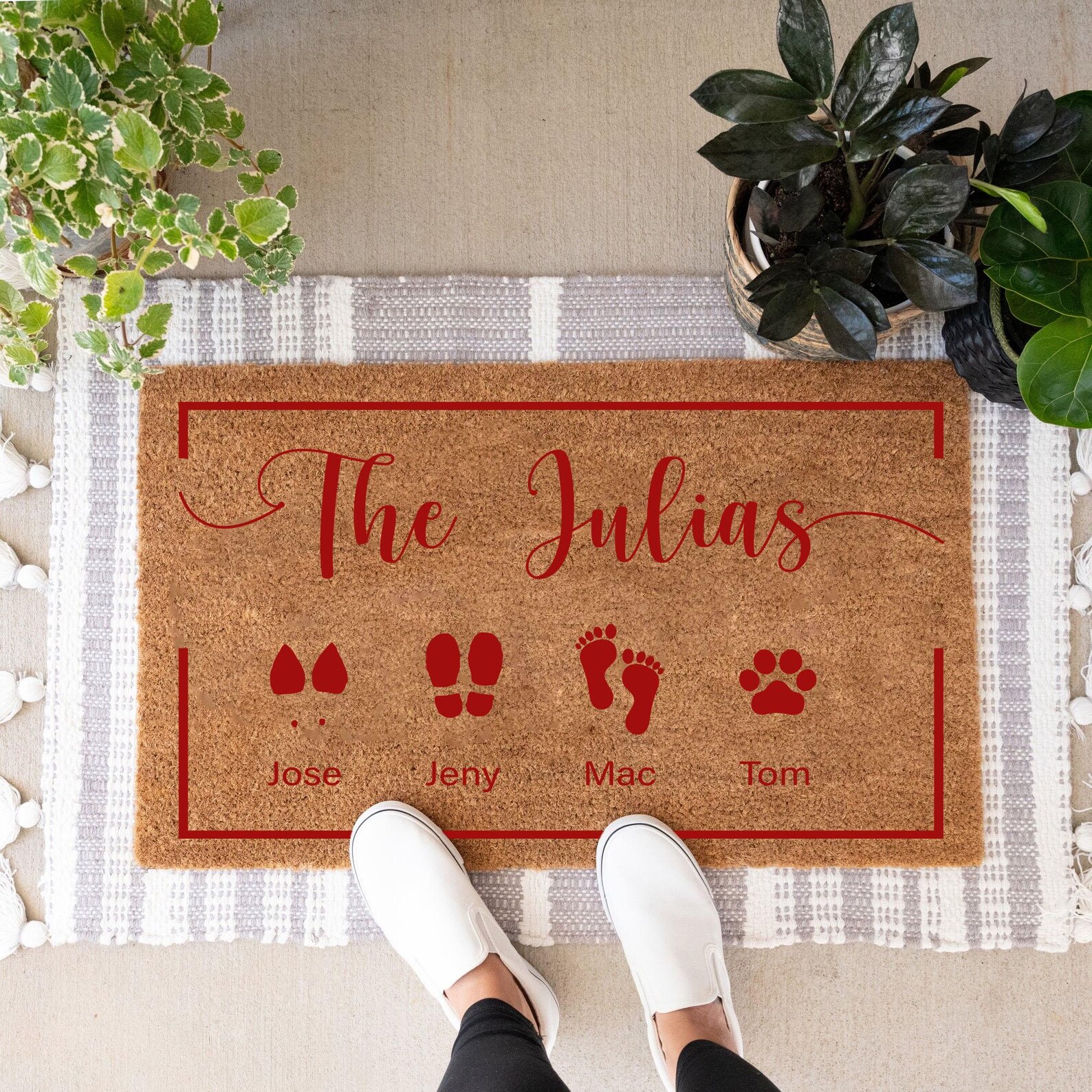 Custom Coir Welcome Door Mats | Personalized Name and Foot Prints Door