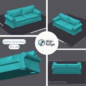 May include: A digital download image of a teal sofa, presented in multiple views. The sofa has a skirted base and rolled arms. The image includes the text "digital-download .STL-file" and the digi-forge logo.