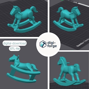 May include: A teal rocking horse, a classic toy, is shown from multiple angles. The image includes the text "digital-download .STL-file" and the logo for Digi-Forge. The rocking horse is a 3D model.