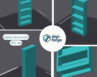 Könnte beinhalten: Ein türkisfarbenes Bücherregal mit vier Regalböden wird aus verschiedenen Blickwinkeln gezeigt. Das Bild enthält den Text "digital-download .STL-file" und ein "digi-forge"-Logo. Das Bücherregal ist ein 3D-Modell.