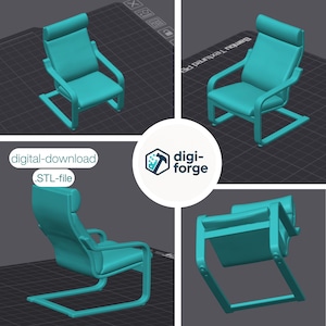 Op de afbeelding: Een digitale download van een turquoise stoel in STL-bestandsformaat. De stoel heeft een hoge rugleuning, armleuningen en een rechthoekige basis. De afbeelding bevat de tekst "digital-download" en het Digi-Forge-logo.