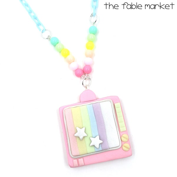 Pastel TV Necklace, Handmade Retro TV, Television Static, Pop-Kei, Fairy Kei, Decora kei, Pastel Rainbow, Pastel Jewelry, Cute Necklace, Y2K