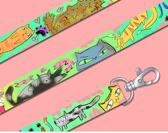 Weird Cat Lanyard: Original Art, Colorful Key Chain