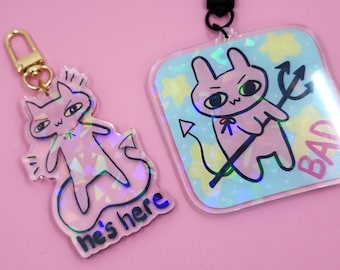 Lil Guy Debil Cat Keychain, Gifts Under 10, Holographic Keychain, Acrylic Keychains, Weird Gifts, Weirdcore, Funny Art, Goblincore