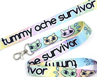 Tummy Ache Survivor Lanyard, Cat Lanyard, Anime Con Lanyard, Key Lanyard, Original Art Lanyard, Colorful, Weird Gifts, Weird Art, Cat Art