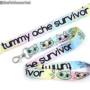 Tummy Ache Survivor Lanyard, Cat Lanyard, Anime Con Lanyard, Key Lanyard, Original Art Lanyard, Colorful, Weird Gifts, Weird Art, Cat Art image 1