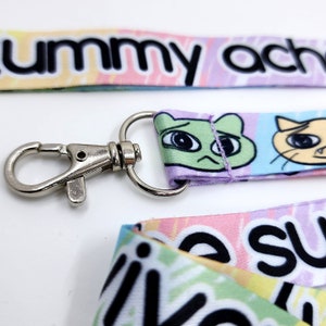 Tummy Ache Survivor Lanyard, Cat Lanyard, Anime Con Lanyard, Key Lanyard, Original Art Lanyard, Colorful, Weird Gifts, Weird Art, Cat Art image 3