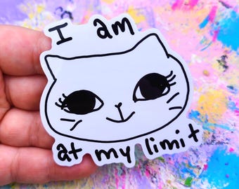 May include: White cat sticker with black eyes, eyelashes, and whiskers. The sticker has the text "I am at my limit" in black. The sticker is held against a colorful, abstract background.