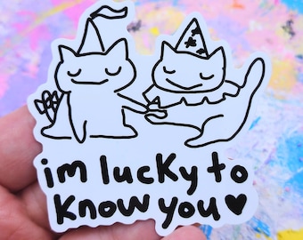Lucky Best-Friends Greed Cat Sticker: Waterproof Vinyl Decal (3 inch)