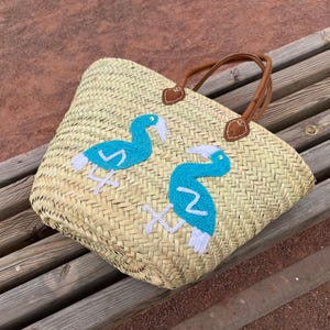 French Market Basket – Boho Moroccan Straw Bag with Embroidered Birds – Handmade Palm Leaf Tote with Leather Handles