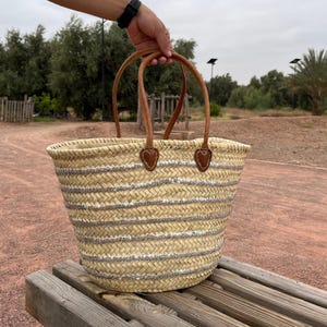 Handmade Moroccan Straw Basket with Sequins – Woven Palm Tote Bag with Leather Handles – Boho Beach Market Bag